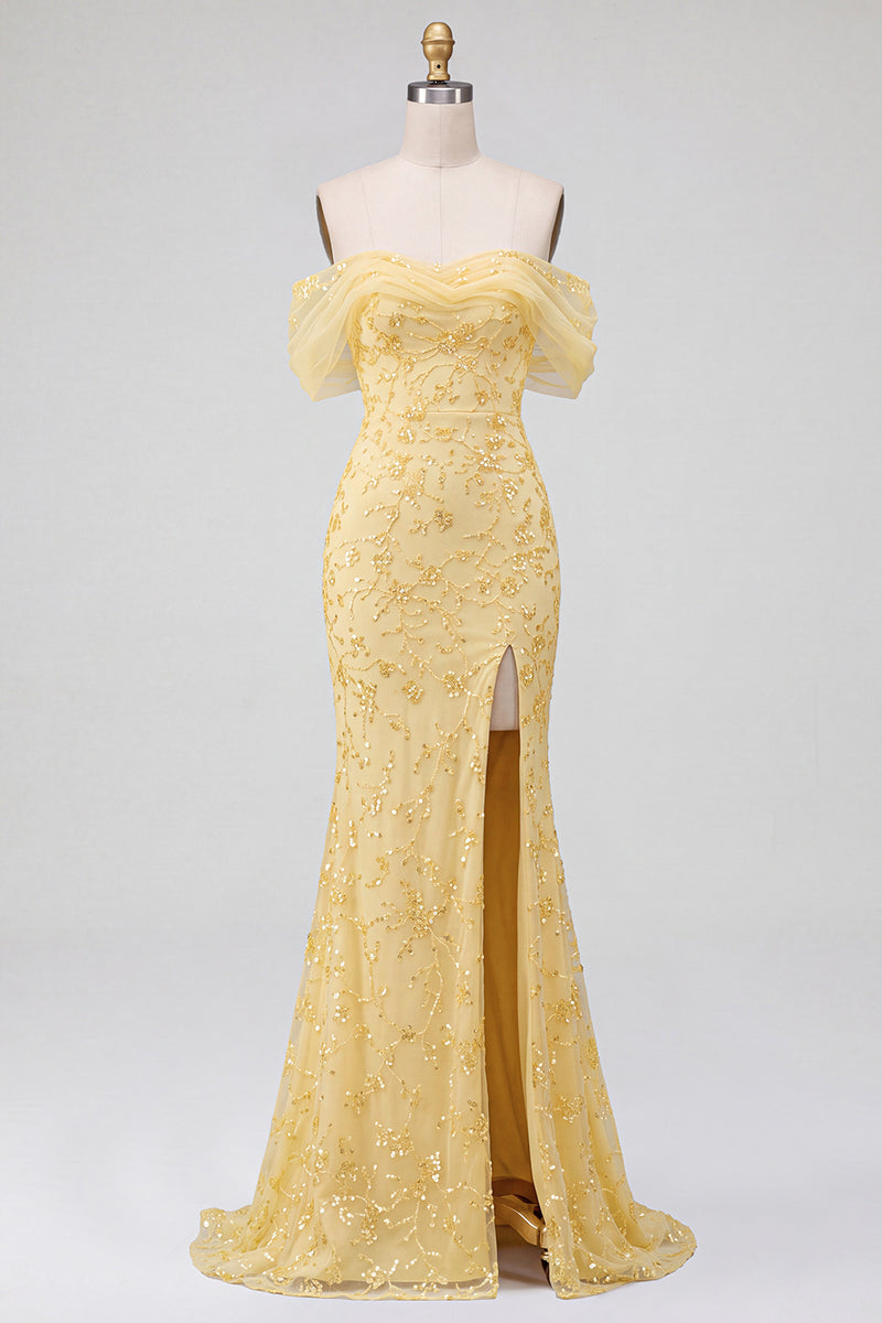 Load image into Gallery viewer, Sparkly Yellow Mermaid Floral Off the Shoulder Sequins Long Prom Dress with Slit
