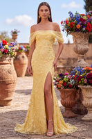 Load image into Gallery viewer, Sparkly Yellow Mermaid Floral Off the Shoulder Sequins Long Prom Dress with Slit