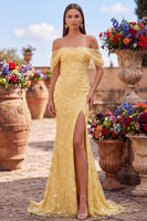 Load image into Gallery viewer, Sparkly Yellow Mermaid Floral Off the Shoulder Sequins Long Prom Dress with Slit