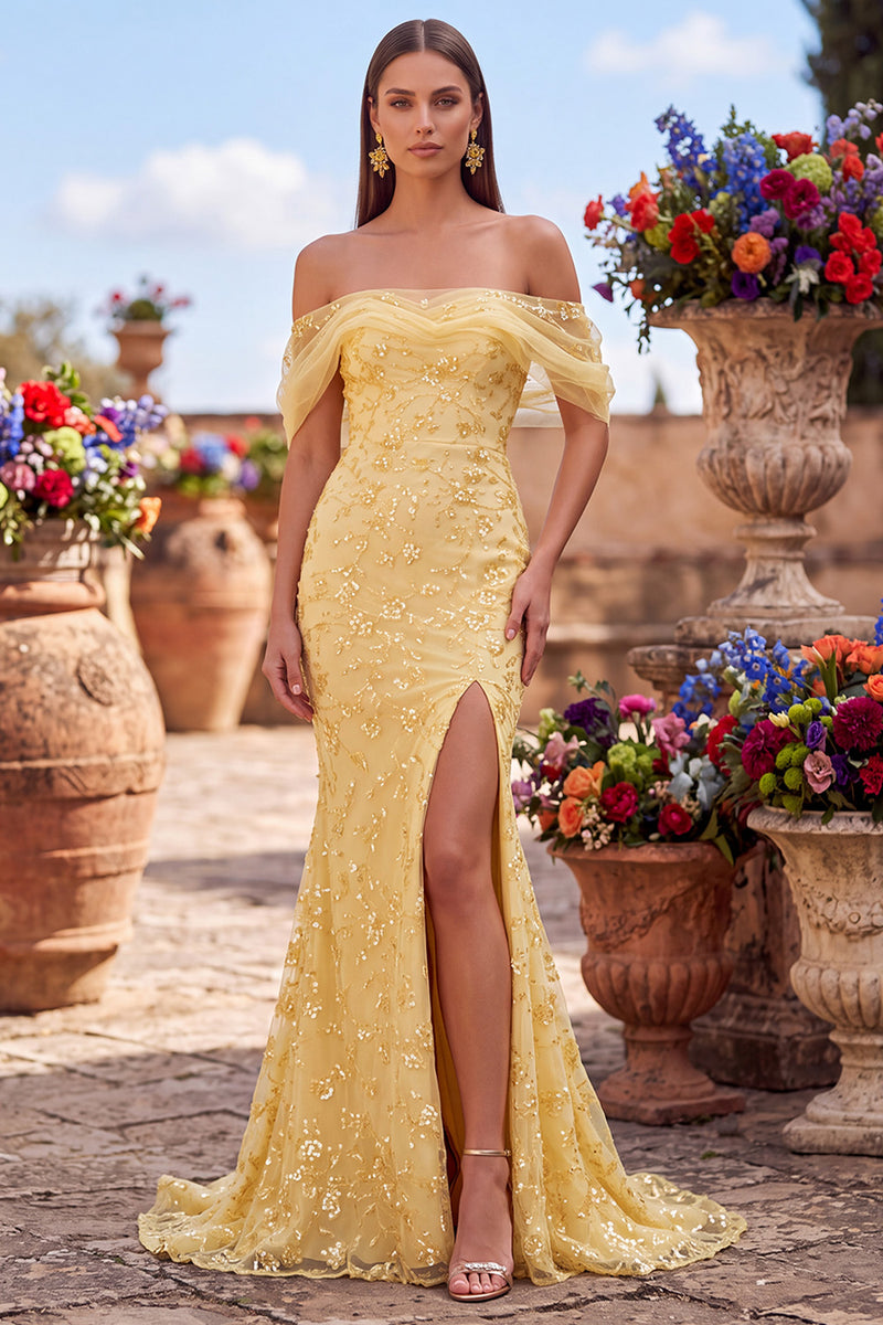 Load image into Gallery viewer, Sparkly Yellow Mermaid Floral Off the Shoulder Sequins Long Prom Dress with Slit