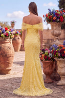 Load image into Gallery viewer, Sparkly Yellow Mermaid Floral Off the Shoulder Sequins Long Prom Dress with Slit