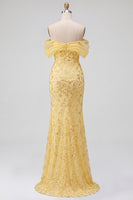 Load image into Gallery viewer, Sparkly Yellow Mermaid Floral Off the Shoulder Sequins Long Prom Dress with Slit