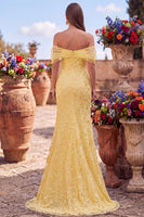 Load image into Gallery viewer, Sparkly Yellow Mermaid Floral Off the Shoulder Sequins Long Prom Dress with Slit