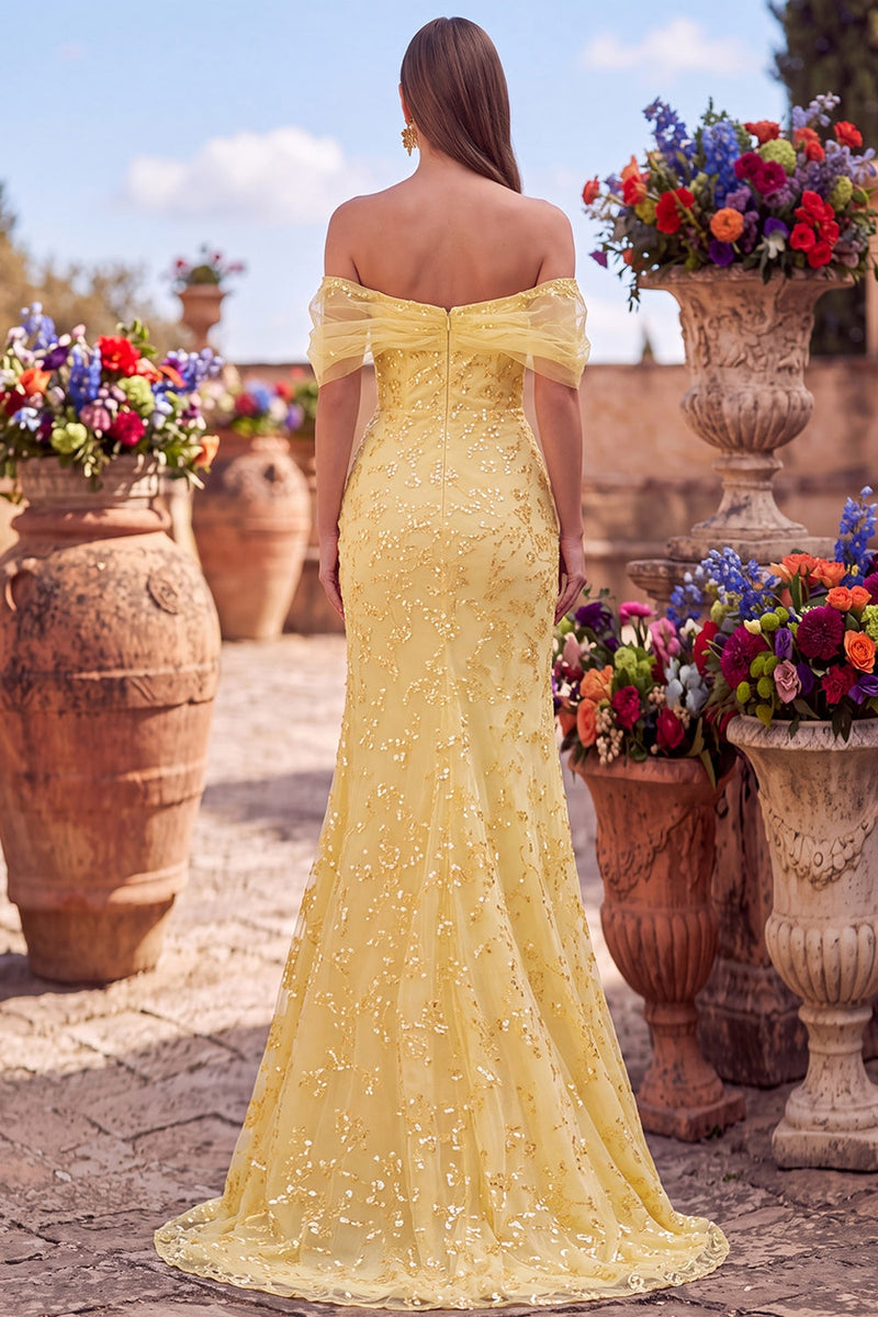 Load image into Gallery viewer, Sparkly Yellow Mermaid Floral Off the Shoulder Sequins Long Prom Dress with Slit