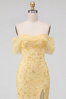 Load image into Gallery viewer, Sparkly Yellow Mermaid Floral Off the Shoulder Sequins Long Prom Dress with Slit