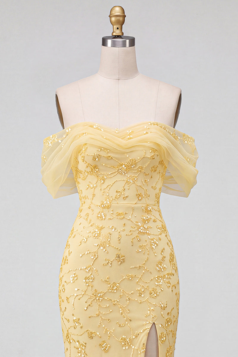 Load image into Gallery viewer, Sparkly Yellow Mermaid Floral Off the Shoulder Sequins Long Prom Dress with Slit