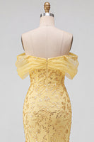 Load image into Gallery viewer, Sparkly Yellow Mermaid Floral Off the Shoulder Sequins Long Prom Dress with Slit