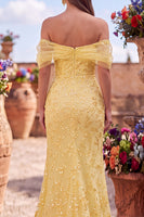 Load image into Gallery viewer, Sparkly Yellow Mermaid Floral Off the Shoulder Sequins Long Prom Dress with Slit