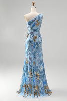Load image into Gallery viewer, Sparkly Blue Floral Mermaid One Shoulder Sequin Long Prom Dress with Beading