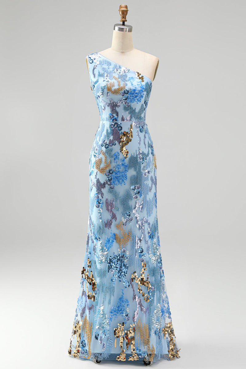 Load image into Gallery viewer, Sparkly Blue Floral Mermaid One Shoulder Sequin Long Prom Dress with Beading