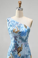 Load image into Gallery viewer, Sparkly Blue Floral Mermaid One Shoulder Sequin Long Prom Dress with Beading