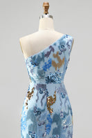 Load image into Gallery viewer, Sparkly Blue Floral Mermaid One Shoulder Sequin Long Prom Dress with Beading