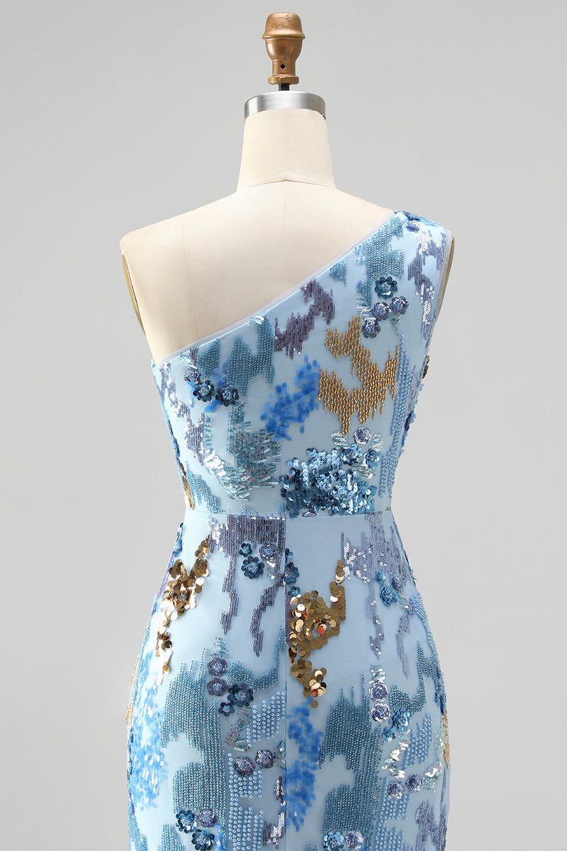 Load image into Gallery viewer, Sparkly Blue Floral Mermaid One Shoulder Sequin Long Prom Dress with Beading