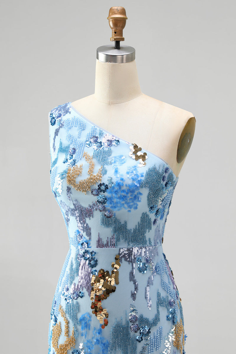 Load image into Gallery viewer, Sparkly Blue Floral Mermaid One Shoulder Sequin Long Prom Dress with Beading