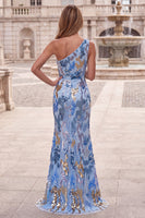 Load image into Gallery viewer, Sparkly Blue Floral Mermaid One Shoulder Sequin Long Prom Dress with Beading