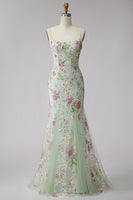 Load image into Gallery viewer, Mermaid Light Green Sparkly Beaded Floral Long Prom Dress with Sequins