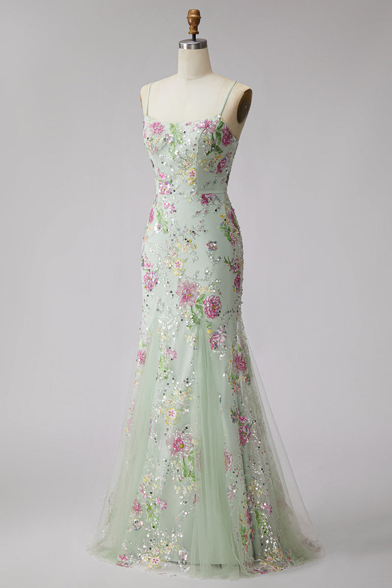 Load image into Gallery viewer, Mermaid Light Green Sparkly Beaded Floral Long Prom Dress with Sequins