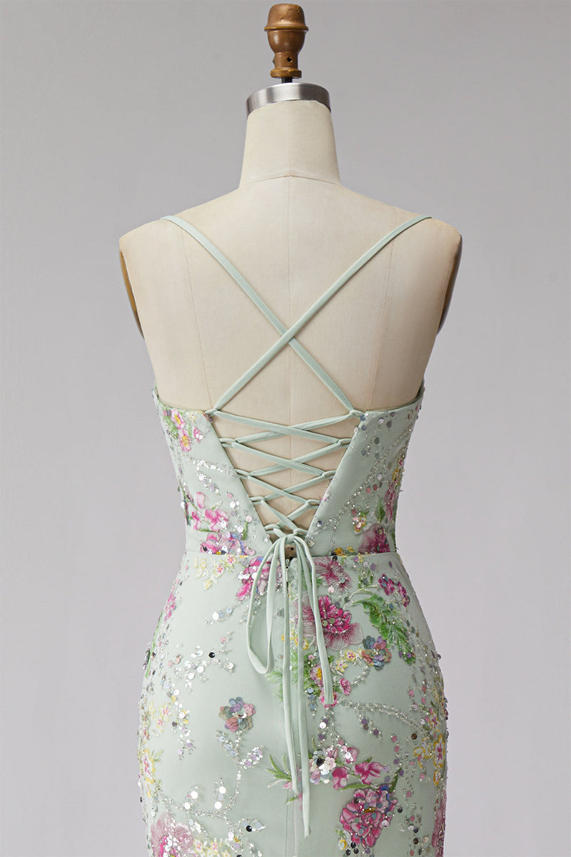 Load image into Gallery viewer, Mermaid Light Green Sparkly Beaded Floral Long Prom Dress with Sequins
