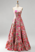 Load image into Gallery viewer, Jacquard Red A Line Ruffled Strapless Long Prom Dress with Slit