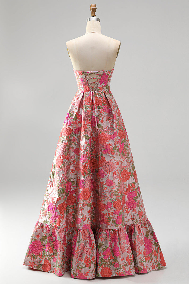 Load image into Gallery viewer, Jacquard Red A Line Ruffled Strapless Long Prom Dress with Slit