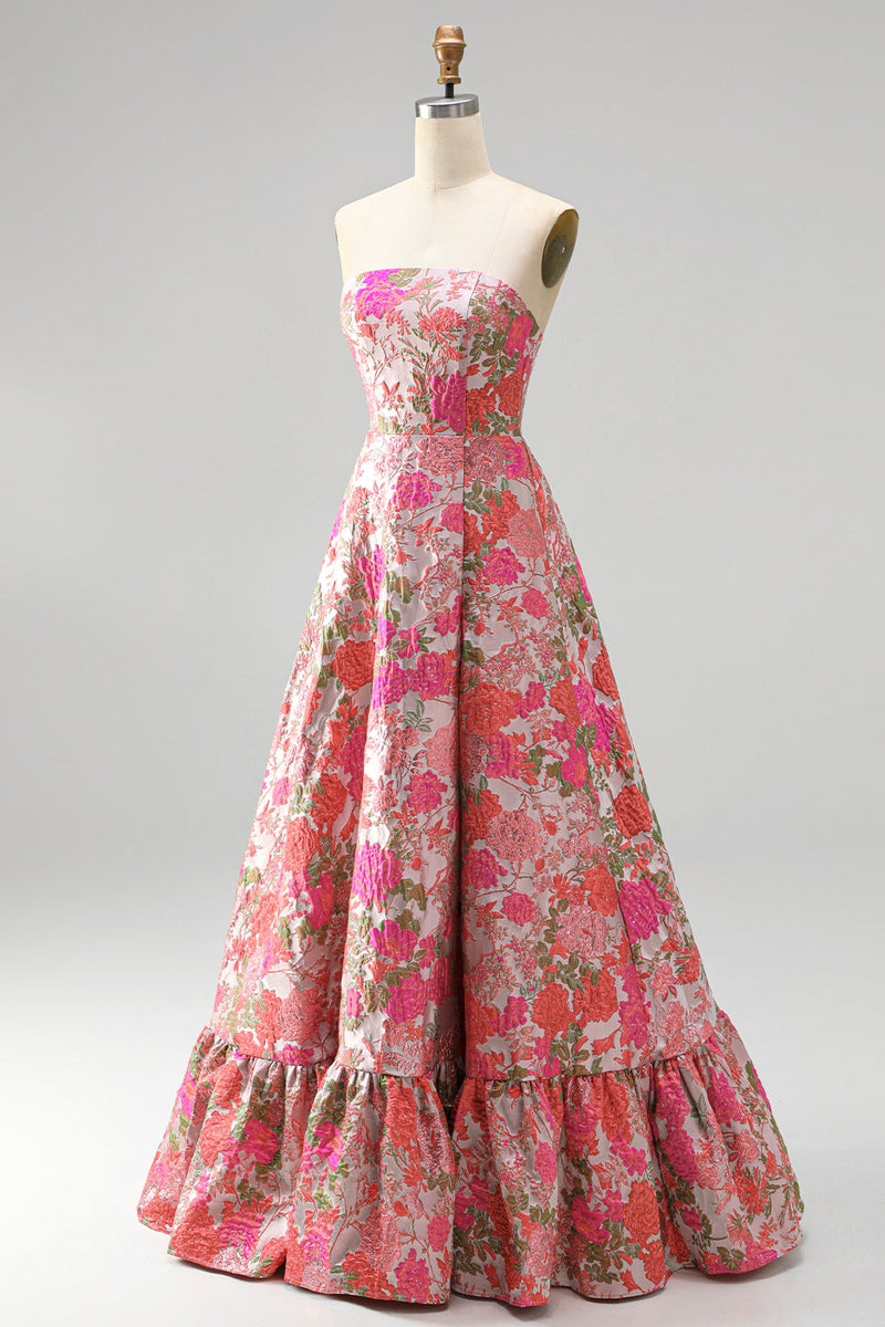 Load image into Gallery viewer, Jacquard Red A Line Ruffled Strapless Long Prom Dress with Slit