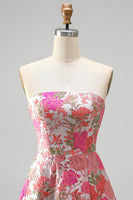 Load image into Gallery viewer, Jacquard Red A Line Ruffled Strapless Long Prom Dress with Slit