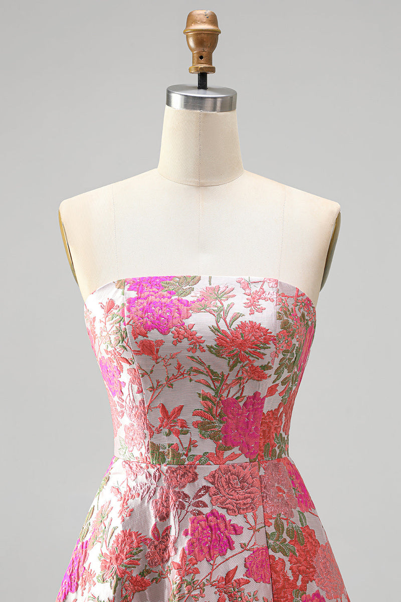 Load image into Gallery viewer, Jacquard Red A Line Ruffled Strapless Long Prom Dress with Slit