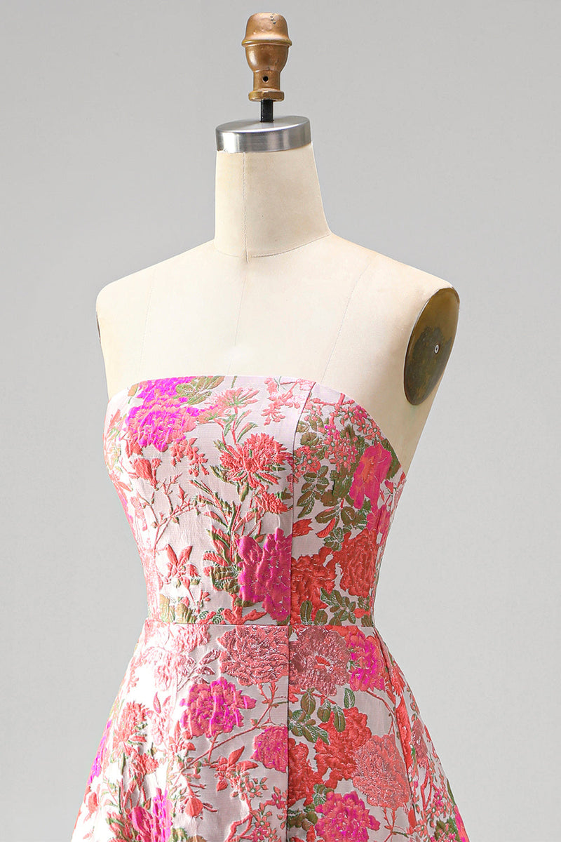 Load image into Gallery viewer, Jacquard Red A Line Ruffled Strapless Long Prom Dress with Slit