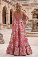 Load image into Gallery viewer, Jacquard Red A Line Ruffled Strapless Long Prom Dress with Slit