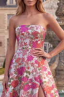Load image into Gallery viewer, Jacquard Red A Line Ruffled Strapless Long Prom Dress with Slit