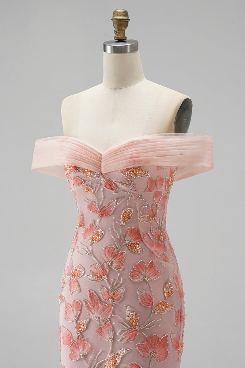 Load image into Gallery viewer, Sparkly Pink Mermaid Ruched Off The Shoulder Floral Long Prom Dress with Beading
