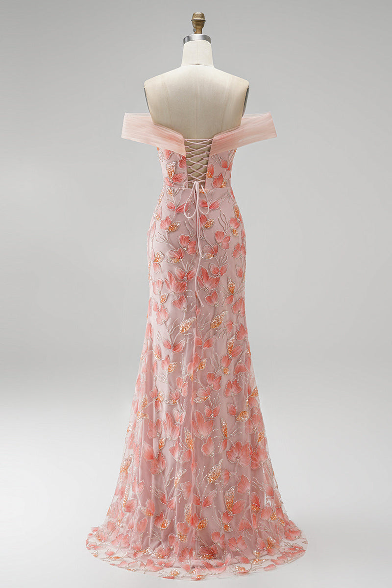 Load image into Gallery viewer, Sparkly Pink Mermaid Ruched Off The Shoulder Floral Long Prom Dress with Beading