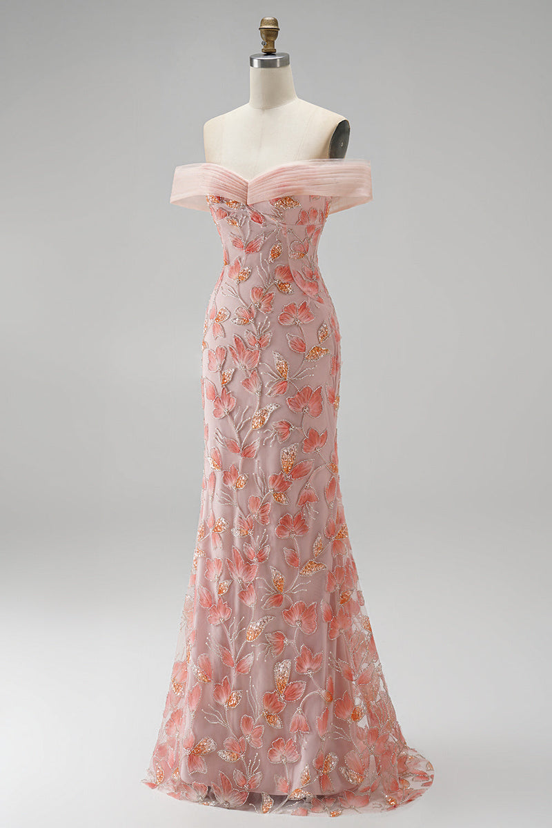 Load image into Gallery viewer, Sparkly Pink Mermaid Ruched Off The Shoulder Floral Long Prom Dress with Beading