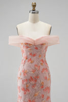 Load image into Gallery viewer, Sparkly Pink Mermaid Ruched Off The Shoulder Floral Long Prom Dress with Beading