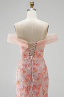 Load image into Gallery viewer, Sparkly Pink Mermaid Ruched Off The Shoulder Floral Long Prom Dress with Beading