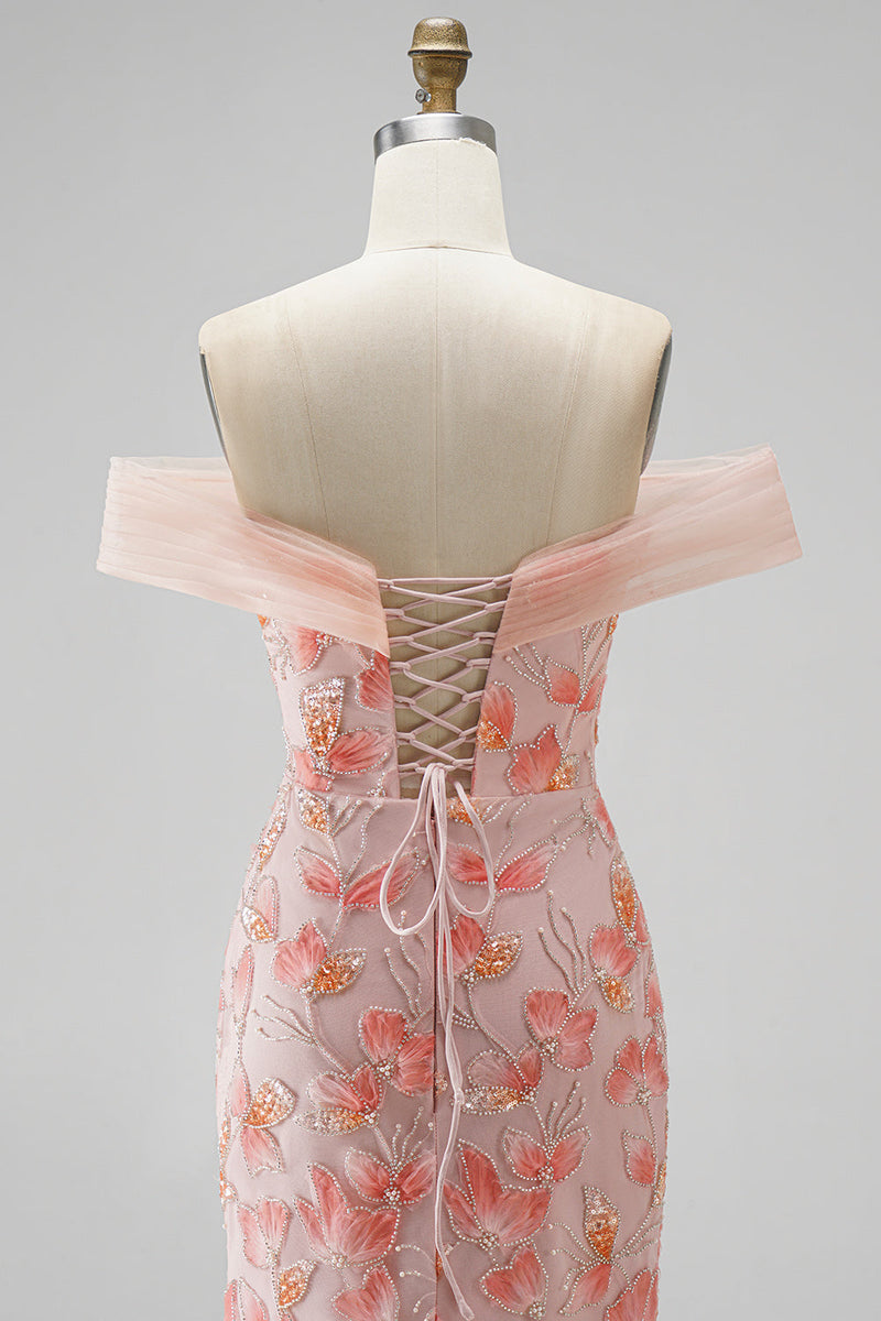 Load image into Gallery viewer, Sparkly Pink Mermaid Ruched Off The Shoulder Floral Long Prom Dress with Beading