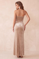 Load image into Gallery viewer, Champegne Velvet Sheath Strapless Long Wedding Guest Dress