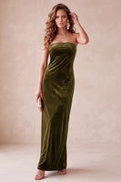 Load image into Gallery viewer, Champegne Velvet Sheath Strapless Long Wedding Guest Dress