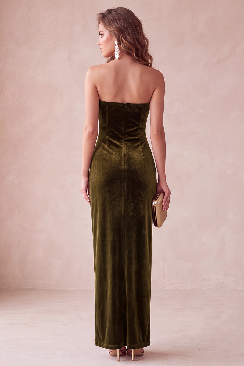 Load image into Gallery viewer, Champegne Velvet Sheath Strapless Long Wedding Guest Dress