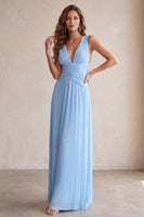 Load image into Gallery viewer, Sky Blue A-Line V-Neck Pleated Long Wedding Guest Dress
