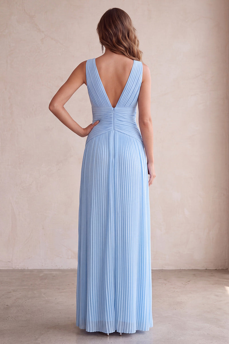Load image into Gallery viewer, Sky Blue A-Line V-Neck Pleated Long Wedding Guest Dress