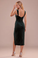 Load image into Gallery viewer, Sparkly Dark Green Beaded Bodycon Thick Straps Ruched Midi Wedding Guest Dress with Slit