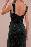 Load image into Gallery viewer, Sparkly Dark Green Beaded Bodycon Thick Straps Ruched Midi Wedding Guest Dress with Slit
