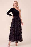 Load image into Gallery viewer, Black A Line Velvet Floral One Shoulder Long Wedding Guest Dress with Sleeve