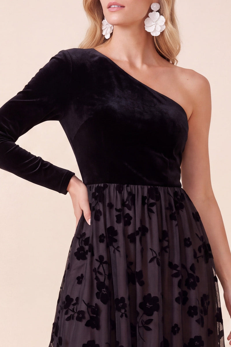 Load image into Gallery viewer, Black A Line Velvet Floral One Shoulder Long Wedding Guest Dress with Sleeve
