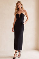 Load image into Gallery viewer, Black Sheath Strapless Satin Long Wedding Guest Dress with Pockets