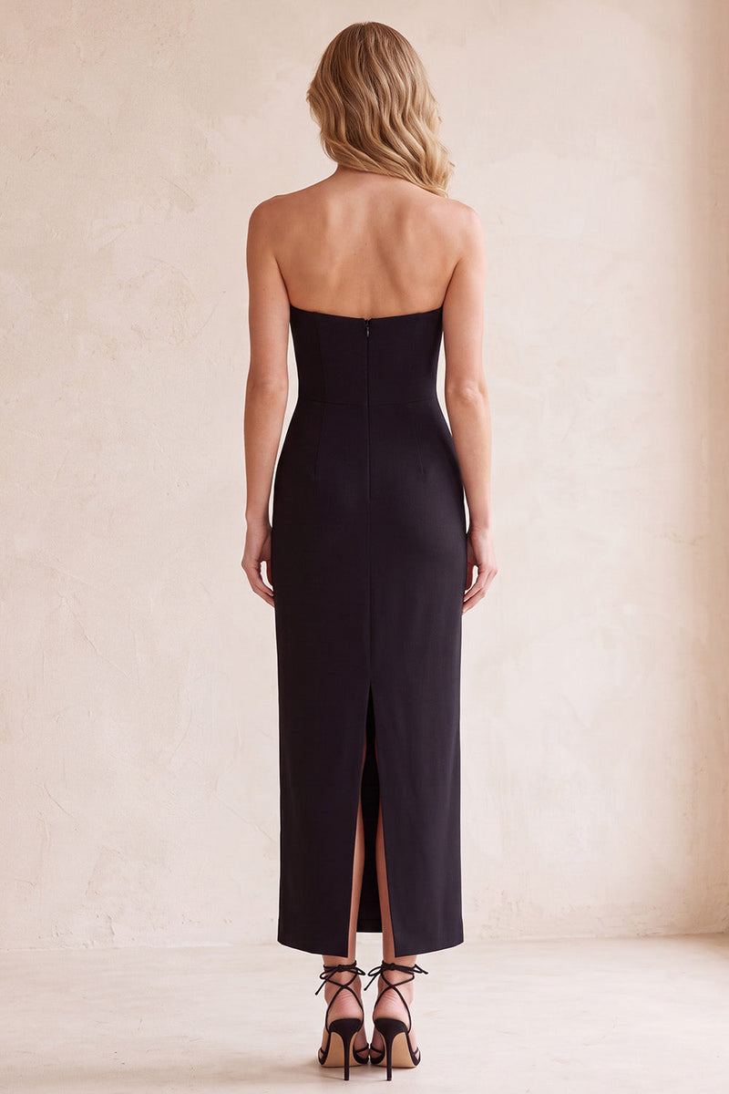 Load image into Gallery viewer, Black Sheath Strapless Satin Long Wedding Guest Dress with Pockets