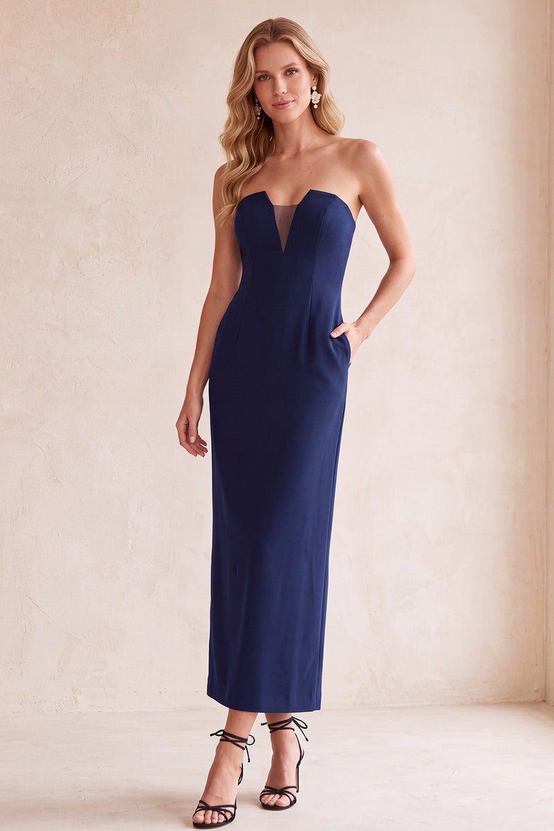 Load image into Gallery viewer, Black Sheath Strapless Satin Long Wedding Guest Dress with Pockets