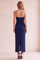 Load image into Gallery viewer, Black Sheath Strapless Satin Long Wedding Guest Dress with Pockets