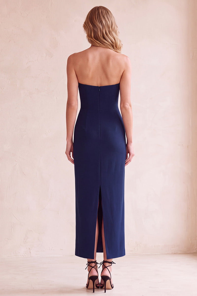 Load image into Gallery viewer, Black Sheath Strapless Satin Long Wedding Guest Dress with Pockets